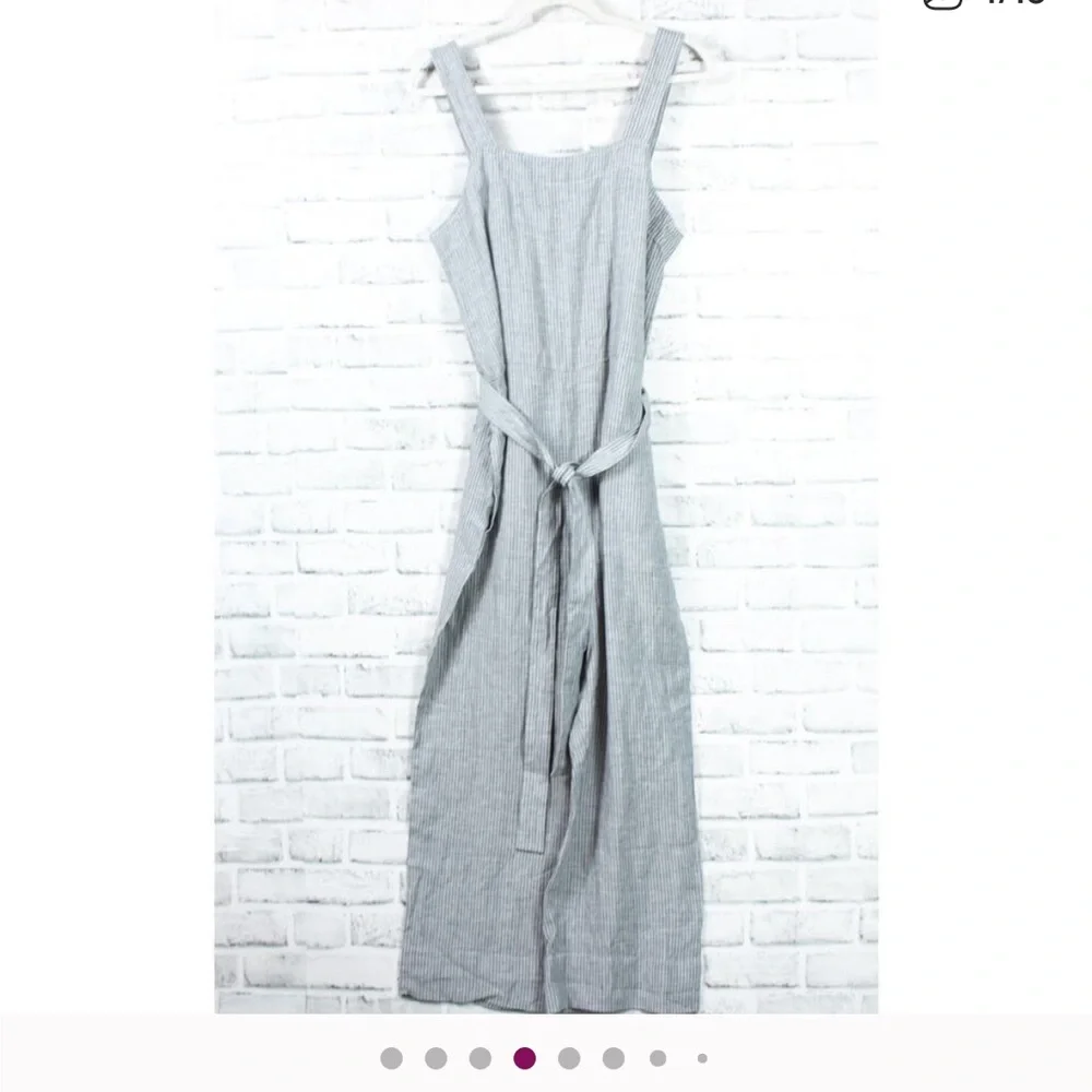 Everlane Gray White Linen Pinstripe Square Neck Belted Jumpsuit Women Size 8